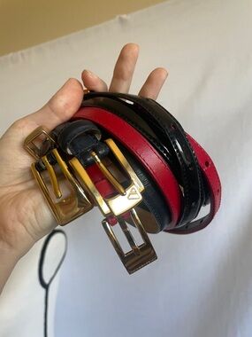3 real leather belts gold buckle set bundle lot vintage belt